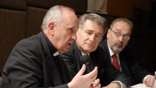 Pope Francis and Rabbi Abraham Skorka speak on a panel together.