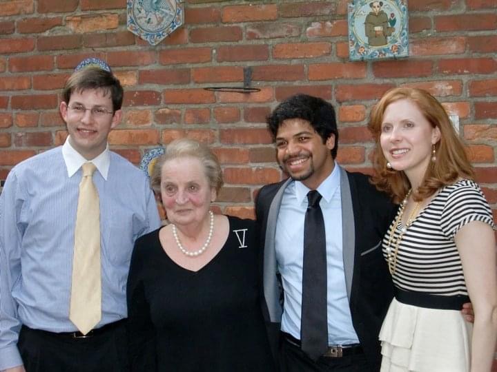 Mike McKenna (left) with Madeleine Albright (center), Shyam Sundaram and Karen Courington, all former TAs of Madeleine Albright.