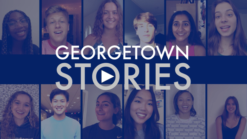 Grid of students with a blue filter and the text Georgetown Stories