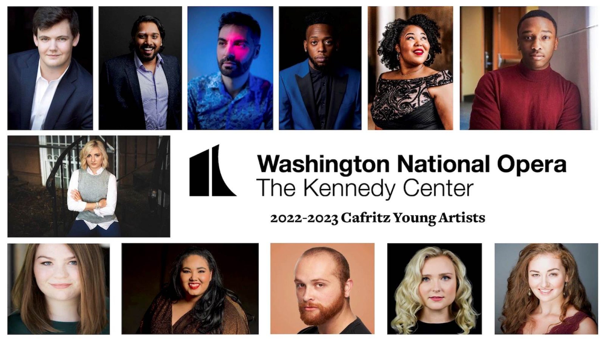 Washington National Opera graphic, featuring collage of members of Cafritz Young Artists Program.