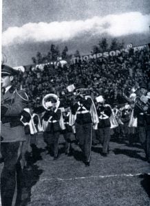 An image of Pep Band players on the field at a football game in 1940.