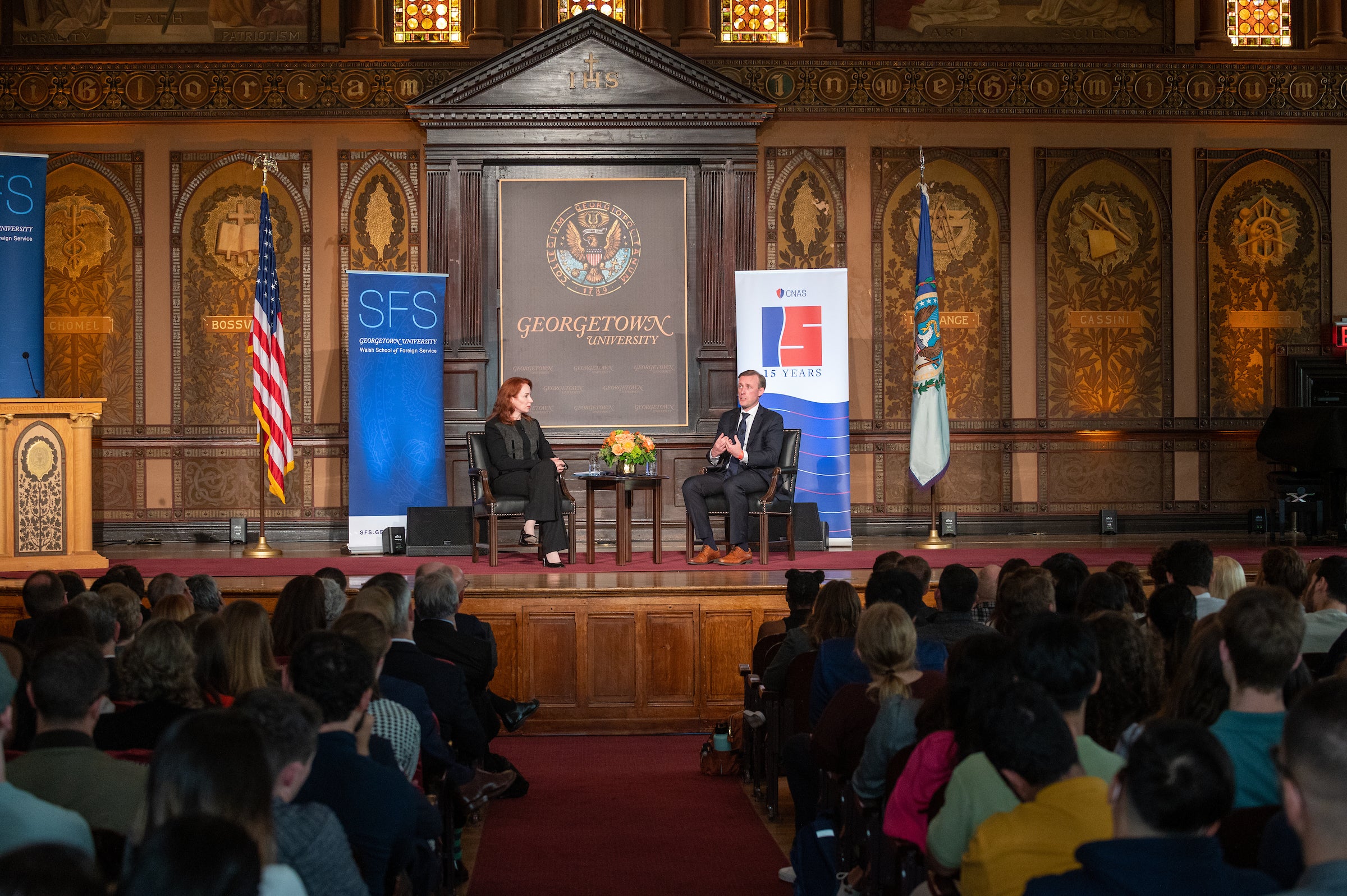 Jake Sullivan sits with a moderator on Gaston stage