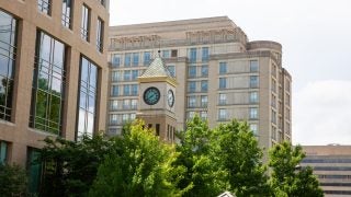 A clocktower on Georgetown Law&#039;s campus.