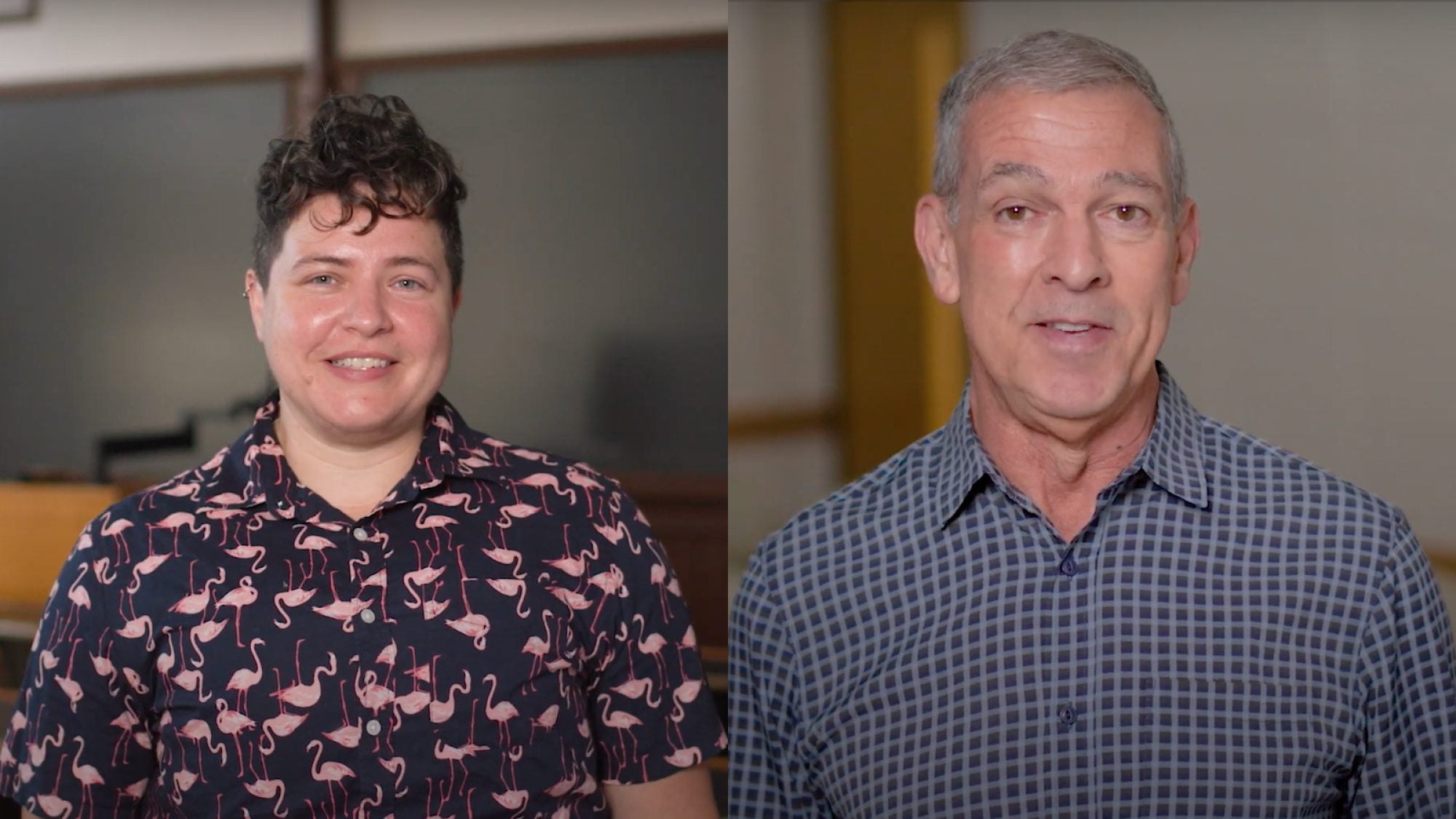 Two video stills side by side with Amanda Phillips on the left with short hair and a shirt with flamingos and Ricardo Ortiz on the right wearing a blue collared shirt