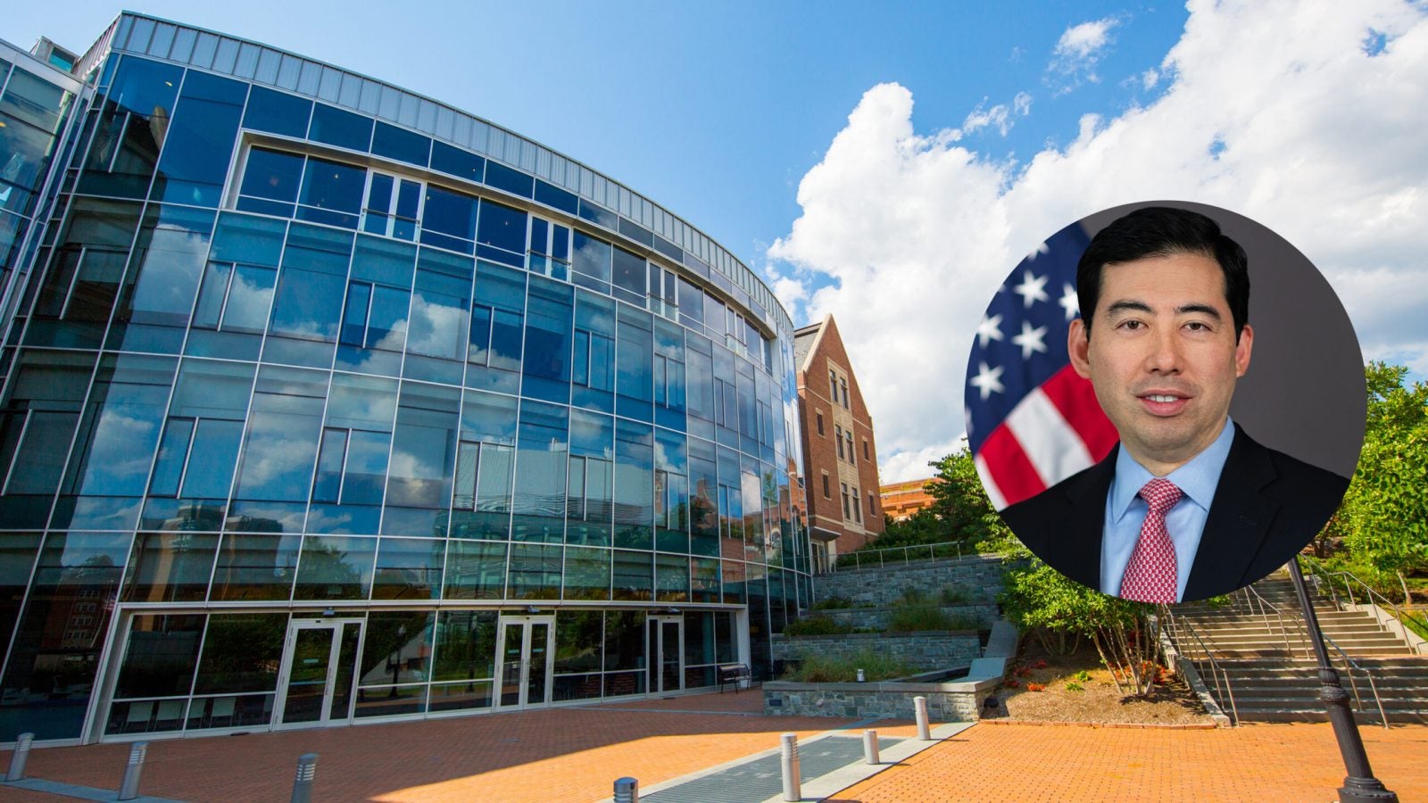 An image of the front glass windows of the McDonough School of Business alongside a headshot of Mark Uyeda (B&#039;92)