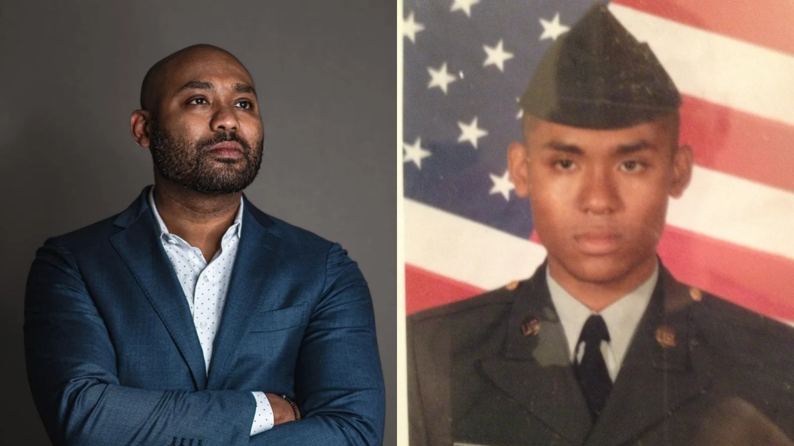Two side-by-side images of a graduate student (left) wearing a navy blue suit and a light blue collared shirt with his arms crossed and on the right side, an image of the same student as a veteran, wearing army regalia and a green hat with an American flag behind him.