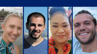 Headshots of four Fulbright winners side-by-side. In the first photo, a blonde-haired woman wears a patterned halter top; in the second photo, a man wears a blue T-shirt; in the third photo, a woman wears a red and green patterned shirt; and in the fourth photo, a young man wears a light blue T-shirt.