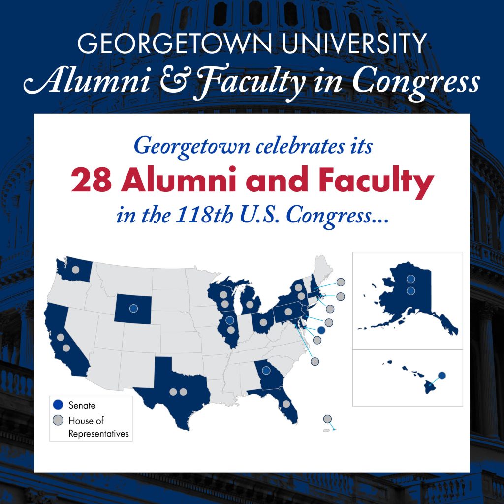 An infographic shows a map of the United States with 21 states shaded in blue with a grey and/or blue circle in it to denote if a Georgetown alumni is serving in the House or Senate. The copy above the map says, "Georgetown celebrates its 28 alumni and faculty in the 118th U.S. Congress."