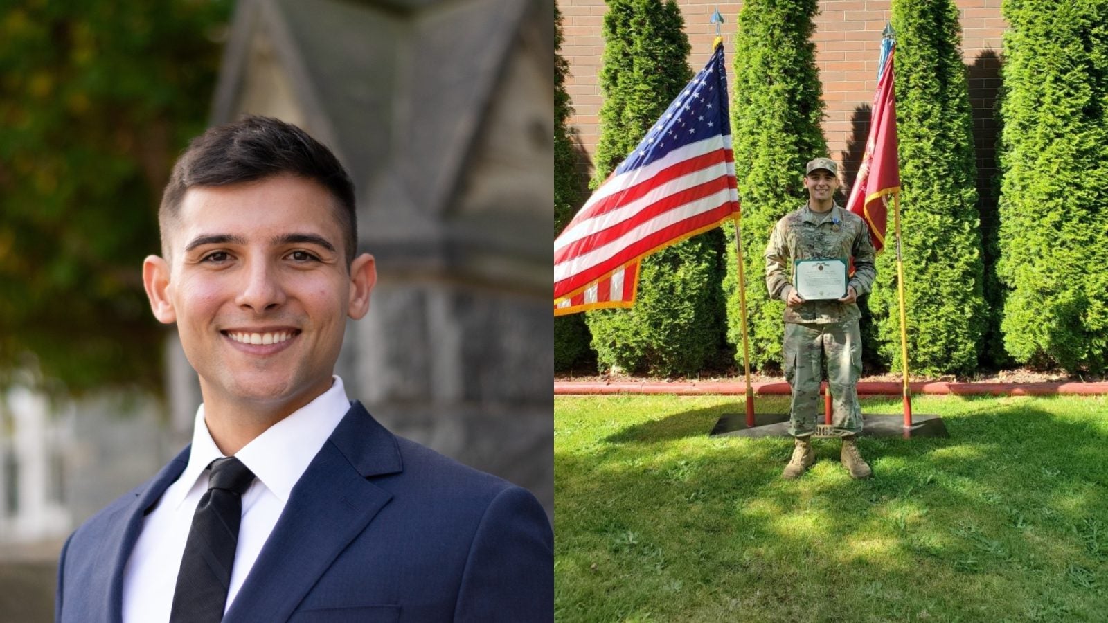 Arthur Milhomens in a suit (left) and wearing camo uniform in front of American flags (right)