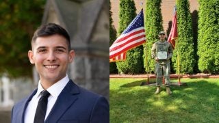 Arthur Milhomens in a suit (left) and wearing camo uniform in front of American flags (right)