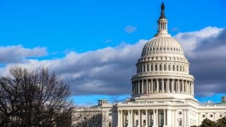 An image of the U.S. Capitol on a bright blue winter day. A blue-purple cloud streaks across the sky behind the Capitol, and a leafless tree is on the building&#039;s left.