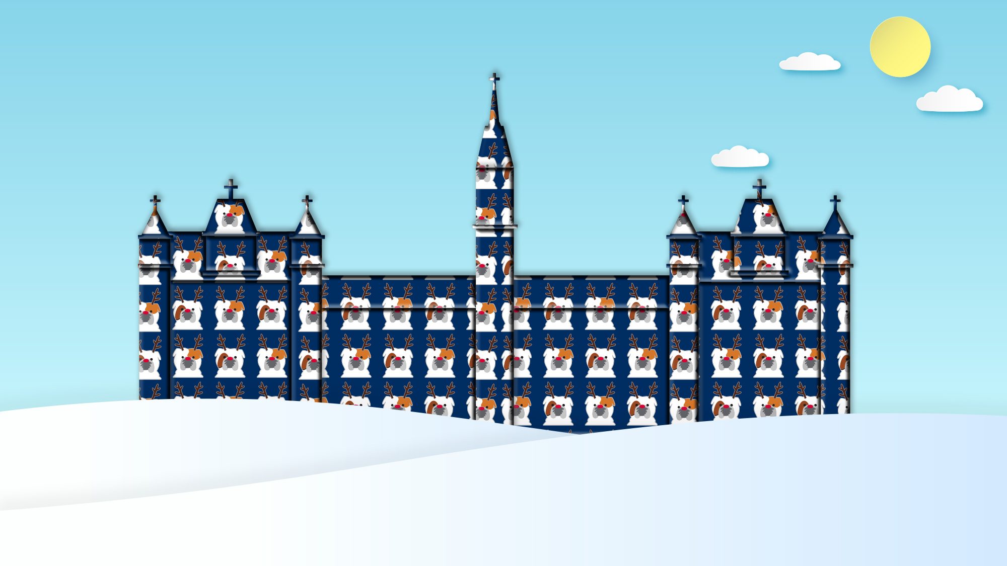Graphic of Healy Hall wrapped in wrapping paper with Jack the Bulldog wearing antlers