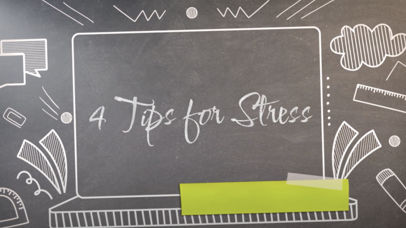 A graphic mocks up a black-and-white chalkboard with sketches of a pencil, a voice bubble, text bubbles, a compass, paperclip, and envelope. In the middle is a sketch of a laptop. The screen says &quot;4 Tips for Stress.&quot;