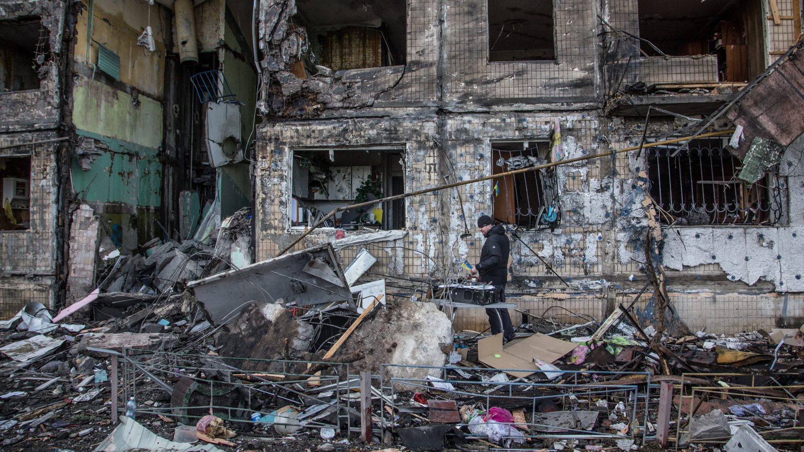 A shelling partially destroyed a block of flats in Obolon district, Kyiv,