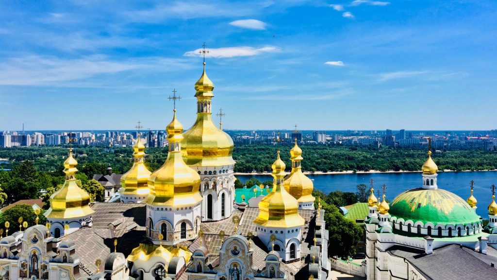 Church in the Kyiv cityscape.