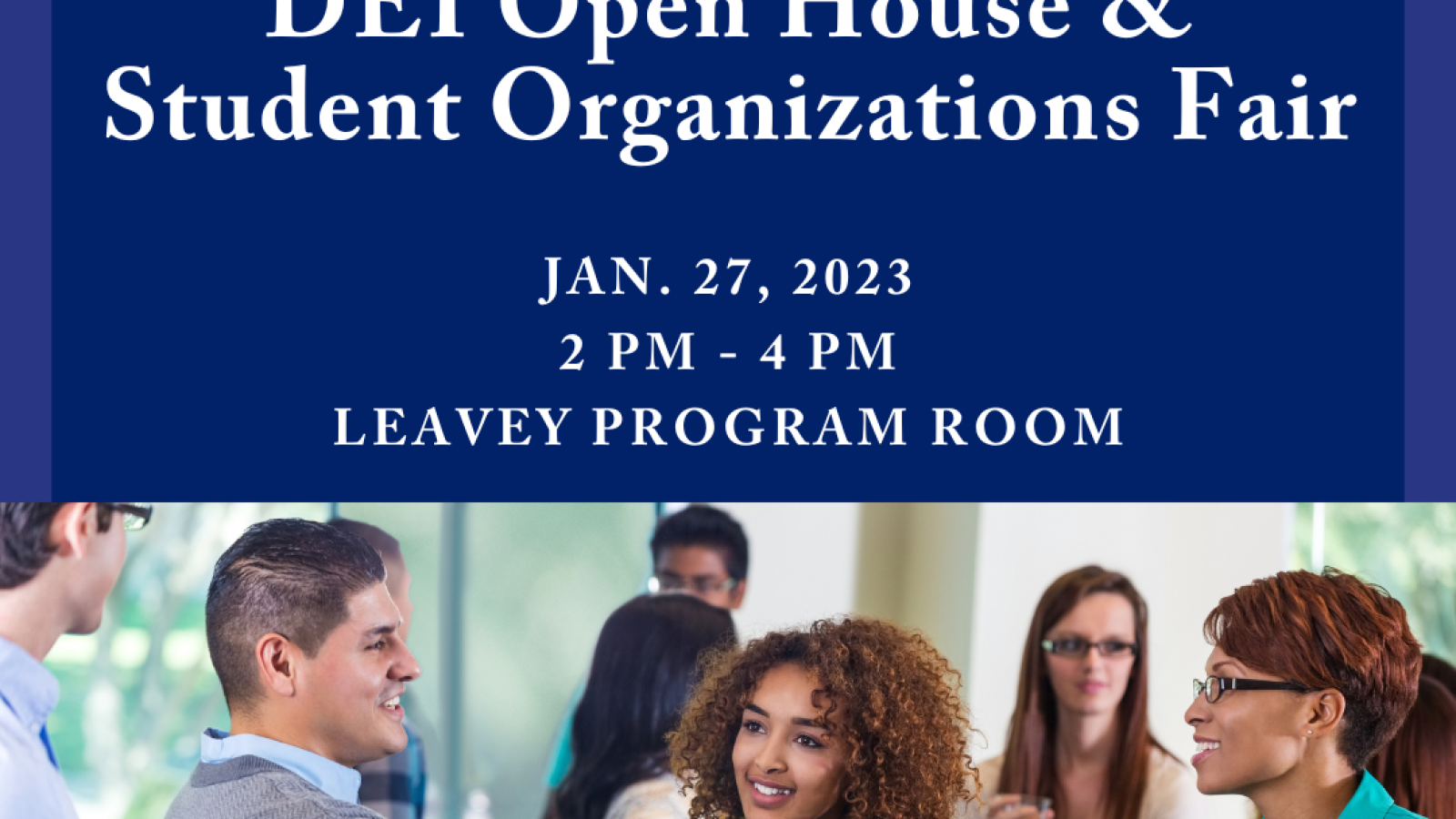 Graphic with photograph of individuals shaking hand and text, &quot;GSAS Office of Graduate Enrichment: DEI Open House &amp; Student Organizations Fair.&quot;