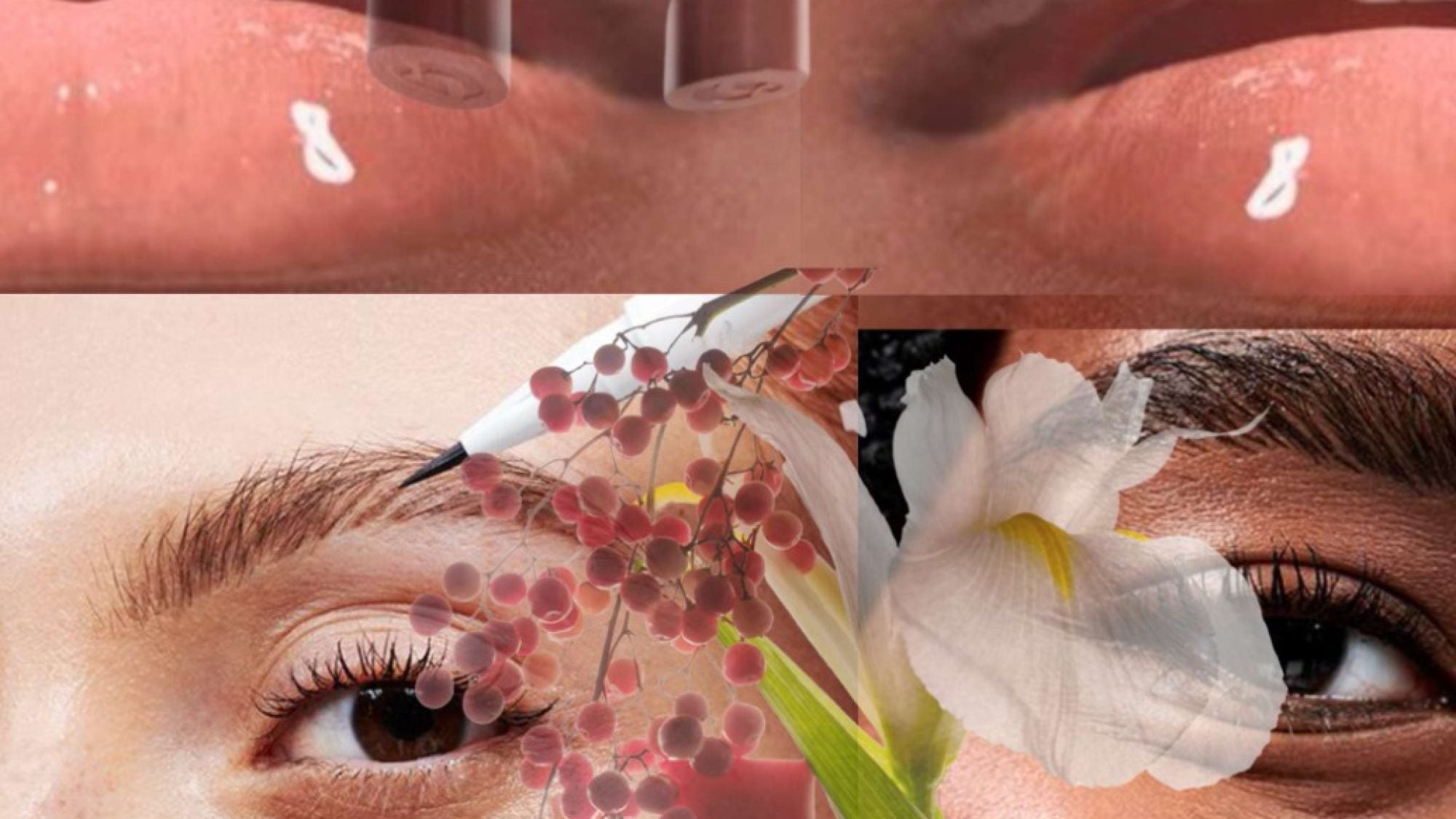 Collage, featuring faces set alongside beauty products.