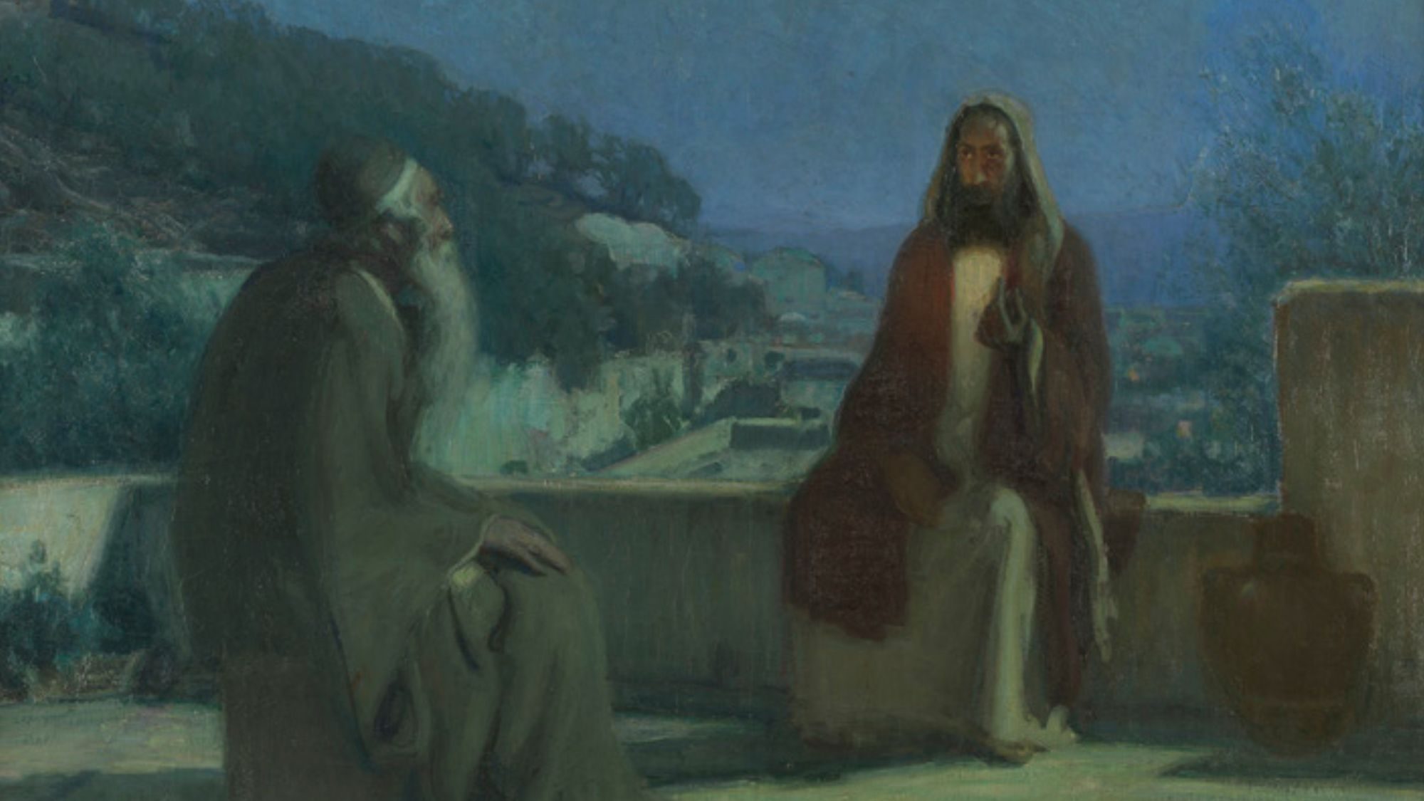 The painting, Nicodemus by Henry O. Tanner, depicts the Pharisee and Jesus speaking and sitting together.