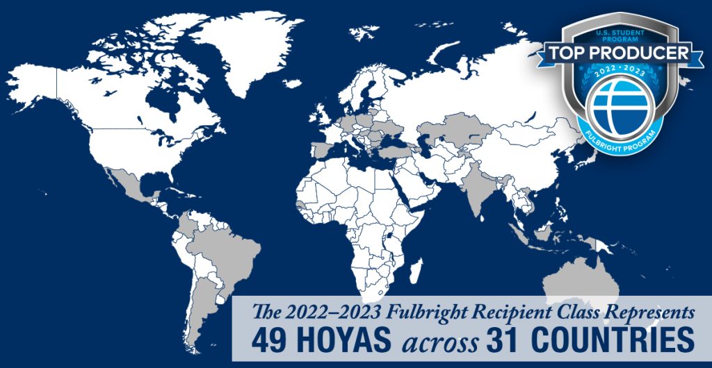 A world map has 31 countries across six continents highlighted in gray where Georgetown students were selected for Fulbright grants.