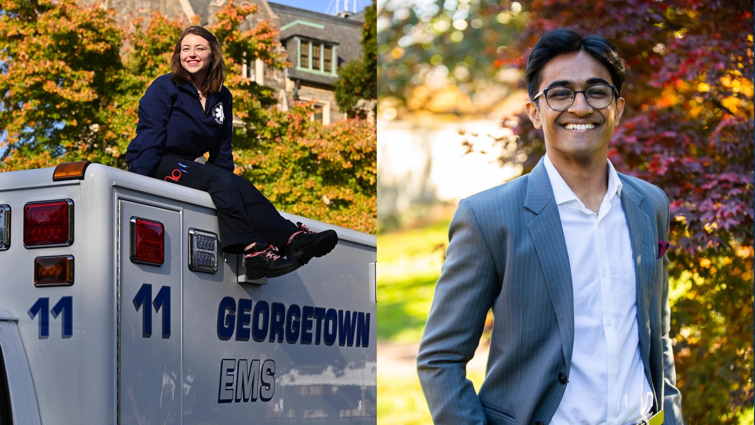 Two side-by-side shots of Georgetown's two 2022 Rhodes Scholars, Georgetown’s two new Rhodes Scholars, Isabella Turilli (SFS’22) and Atharv Gupta (SFS’23). Turilli sits on top of an ambulance and smiles at the camera. Gupta smiles at the camera and wears a blue blazer with a white button-up shirt. He stands in front of a tree in the fall.