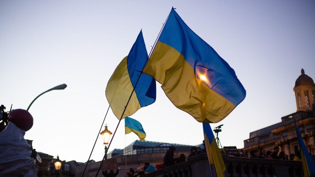 Ukrainian flags against the sky amongst protesters.