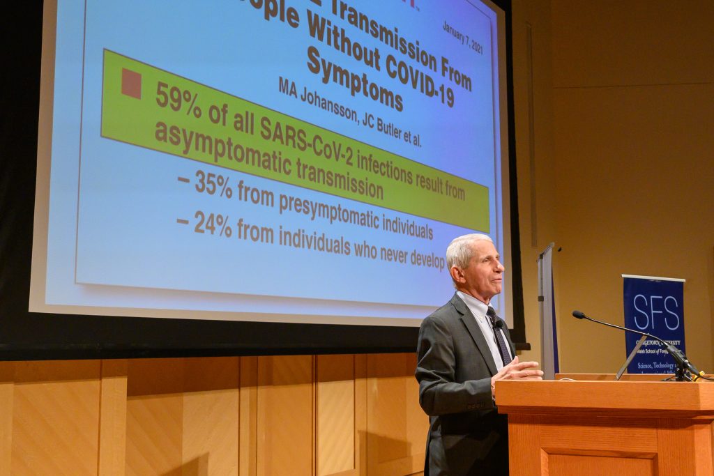 Dr. Anthony Fauci stands behind a podium in a Georgetown auditorium. Behind him is a slide that describes how COVID-19 was transmitted through asymptomatic infections.