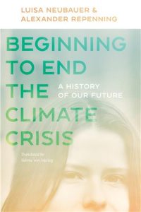 Book cover: Beginning to End the Climate Crisis, with green text and orange gradient film over nose-up image of person.