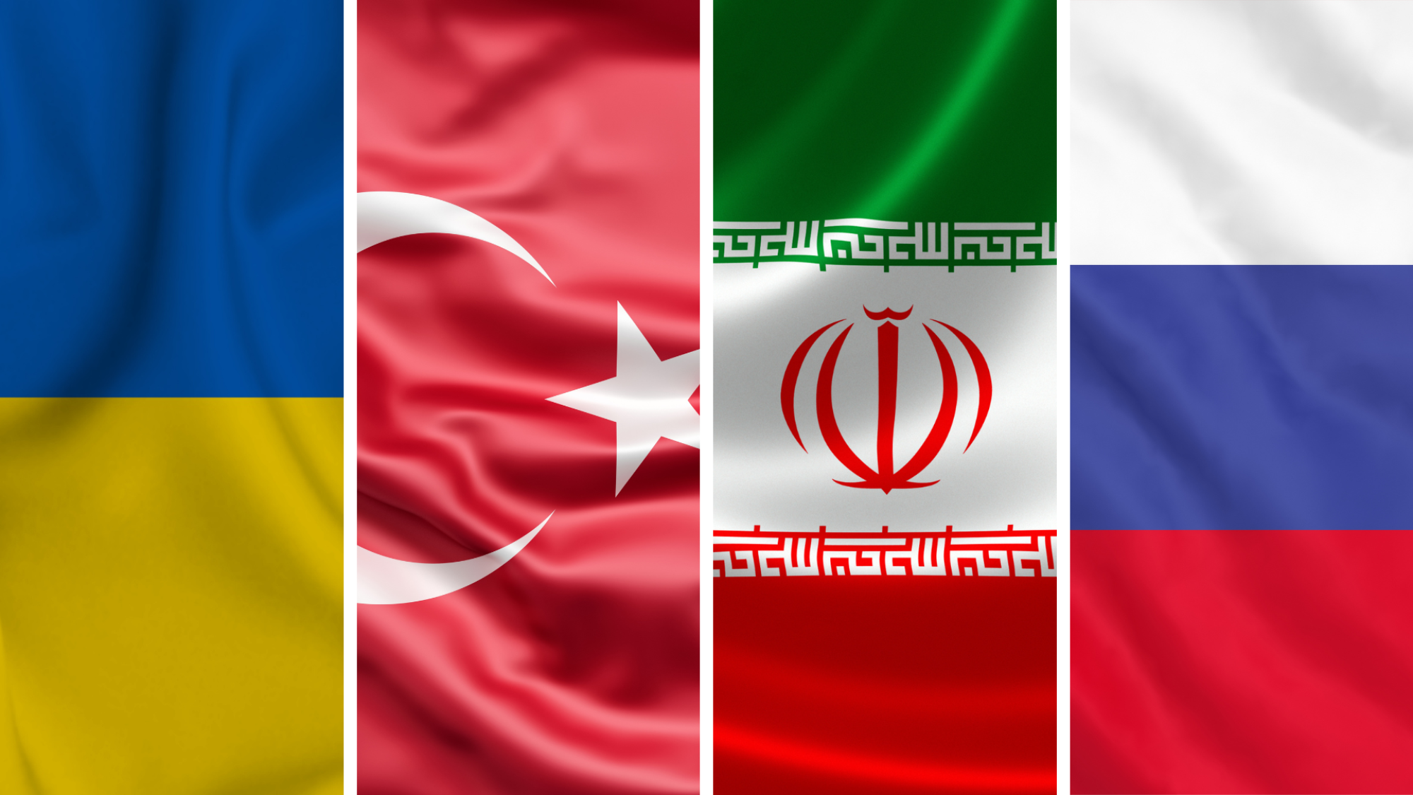 A collage of the flags of Ukraine, Turkey, Iran, and Russia