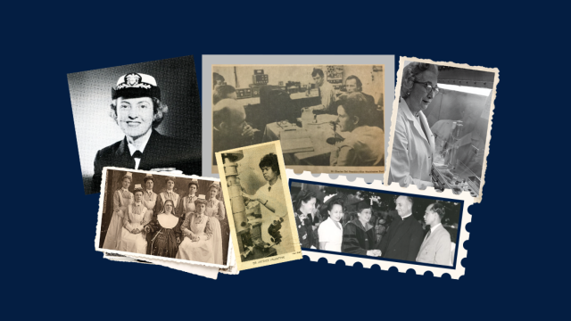A collage of photos of women trailblazers from the graduate school on a navy blue background
