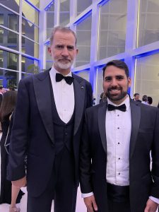 Carlos Chacon, a graduate of the School of Foreign Service, poses with King Felipe IV of Spain during the centennial celebration for the School of Foreign Service's Master's program.
