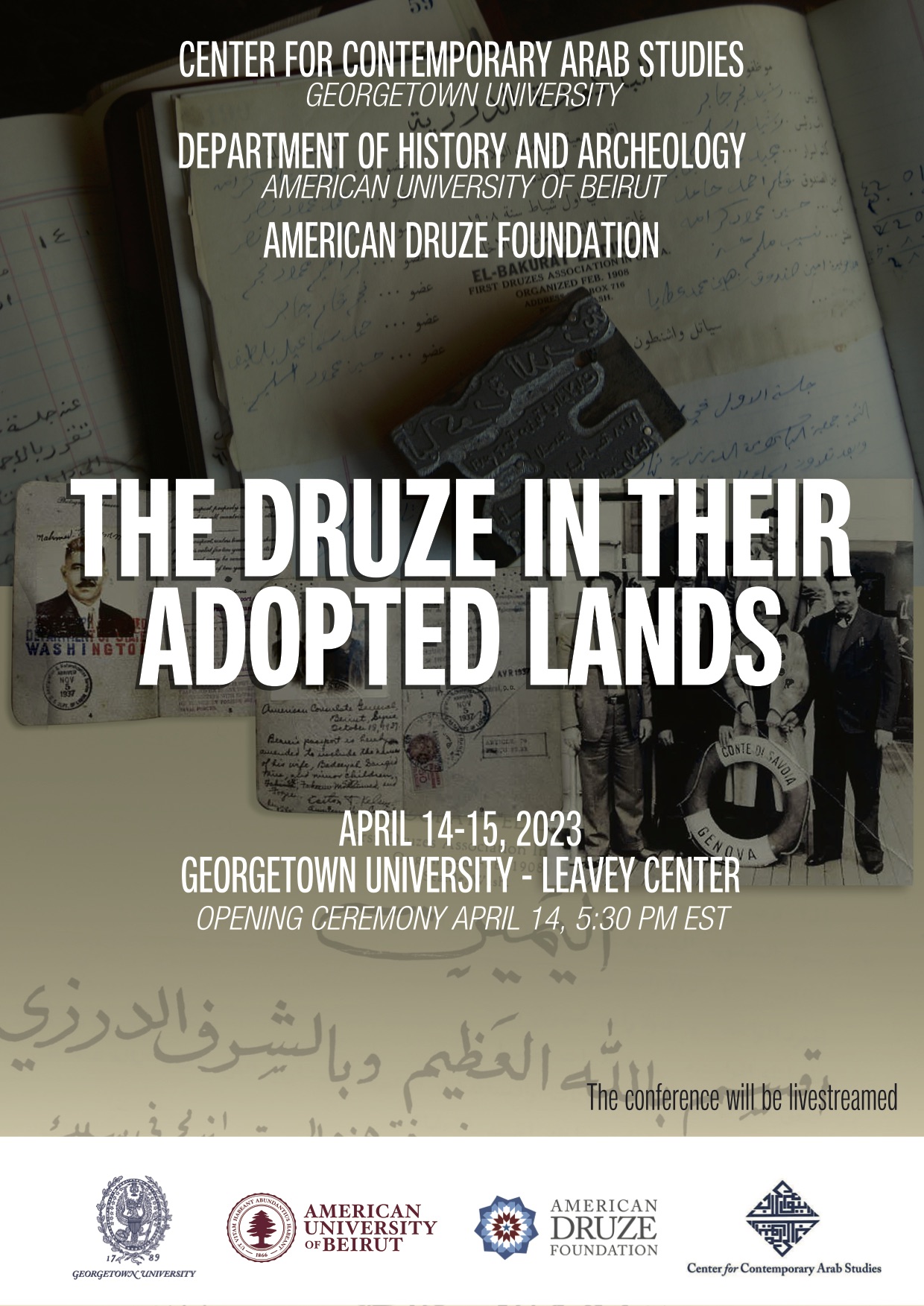 Graphic with handwritten pages and text, “CCAS, the Department of History and Archeology at American University of Beirut, and the American Druze Foundation: The Druze in their Adopted Lands” and logistical information listed below.
