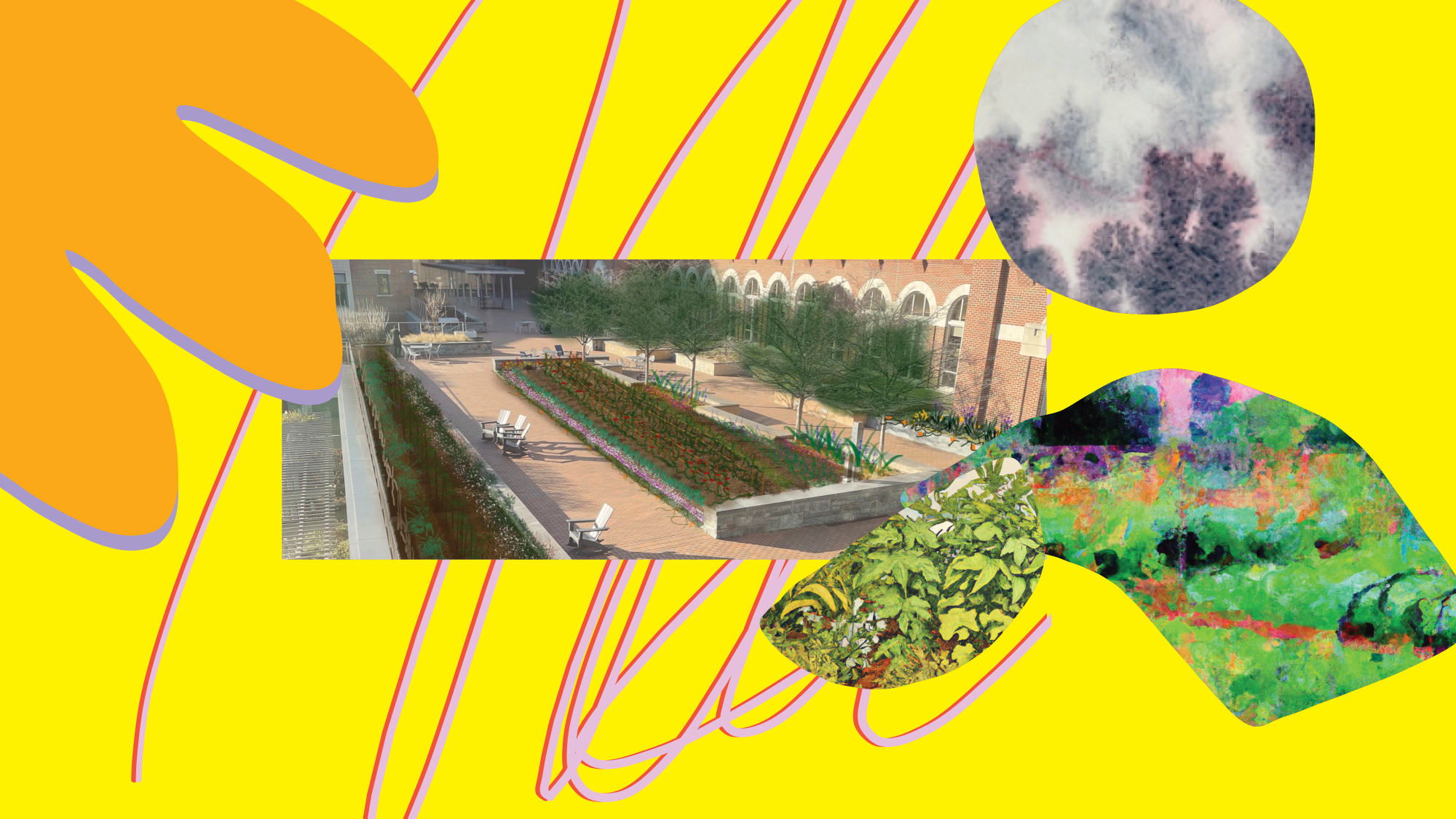 Graphic with images of Leavey terrace and a garden.