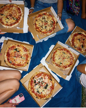 photo with 6 different pizzas on picnic blanket