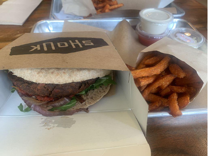 shouk burger with sweet potato fries