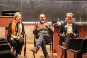     (Left to right) Alyce Russo (C'84), Joseph Amato (B'84), and Doug Shattuck (B'84) spoke at the GUASFCU's 40th reunion panel.