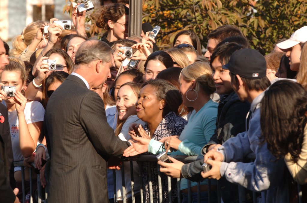 King Charles meets with students in Healy Circle.
