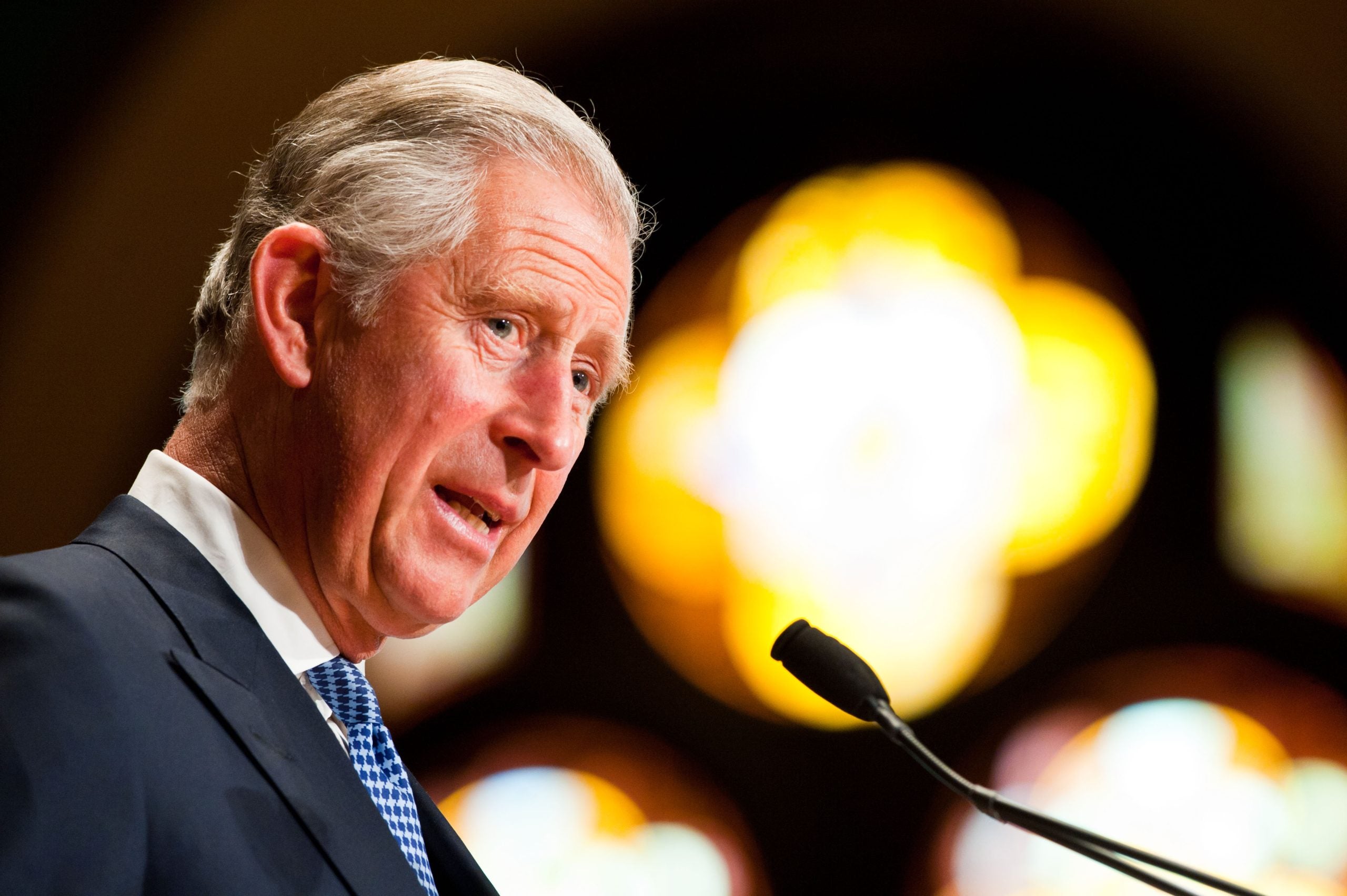 A close-up of King Charles speaking at the podium