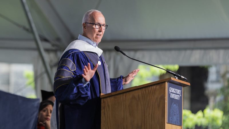 Frank H. McCourt, Jr. (C&#039;75), founder of Project Liberty, executive chairman of McCourt Global and member of Georgetown&#039;s Board of Directors, speaks at the McCourt School&#039;s commencement ceremony at Georgetown.