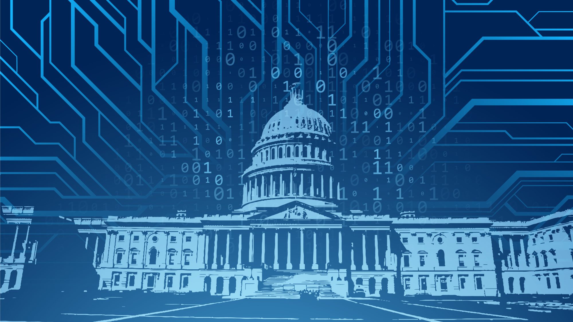 A graphic of the U.S. Capitol with tech coding in the background.