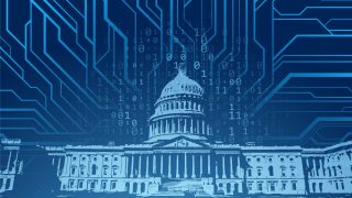 A graphic of the U.S. Capitol with tech coding in the background.