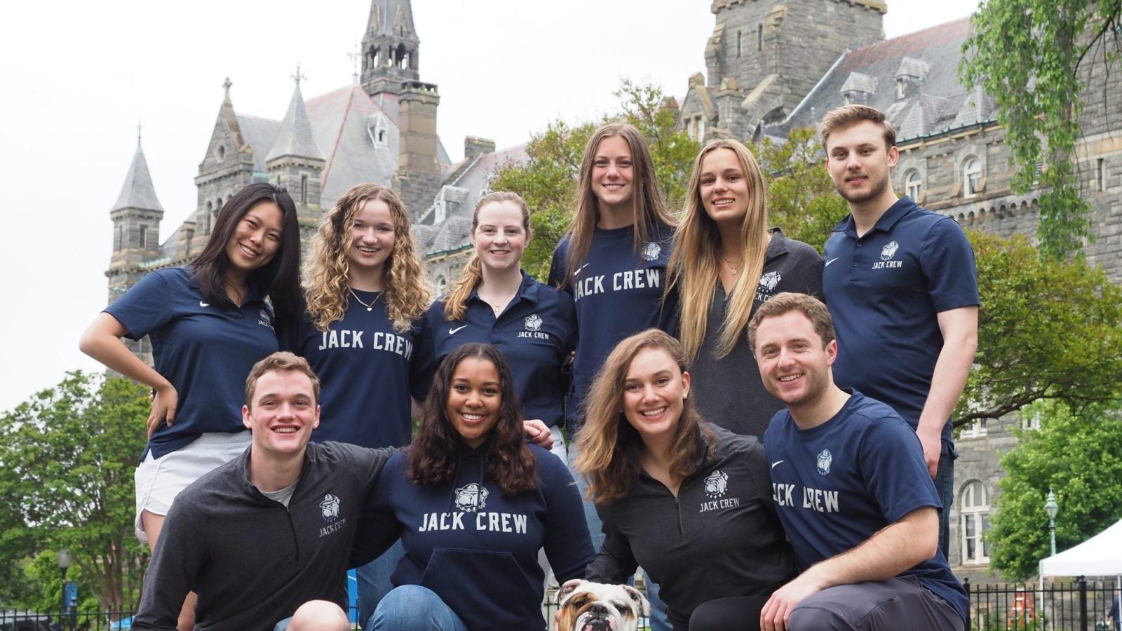 Jack the Bulldog and his crew pose for a photo on Healy Lawn