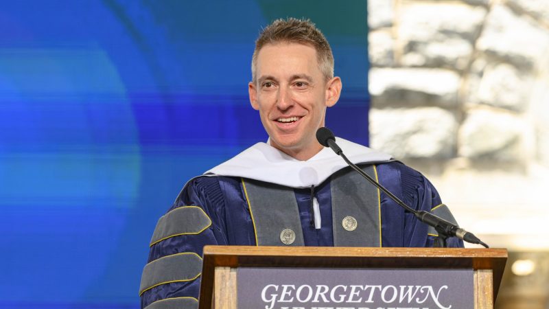 Jason Kander (L&#039;05), president of National Expansion at the Veterans Community Project, speaks at the School of Continuing Studies&#039; commencement ceremony.
