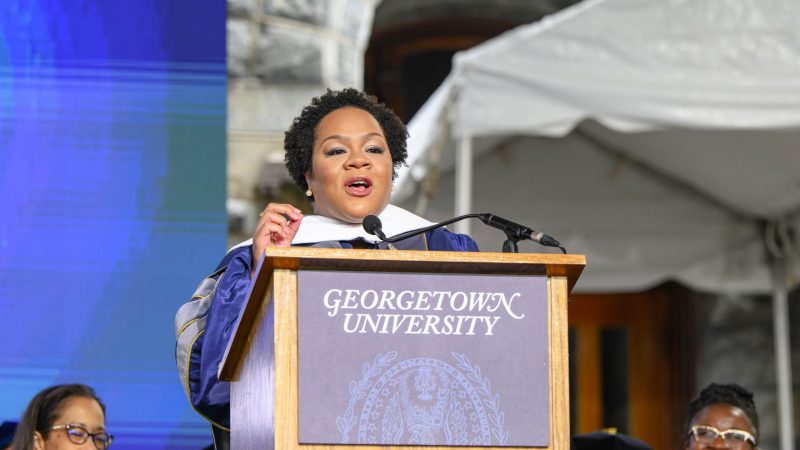 Yamiche Léone Alcindor (C&#039;09), NBC News Washington Correspondent, speaks at the College of Arts &amp; Science&#039;s commencement ceremony at Georgetown.
