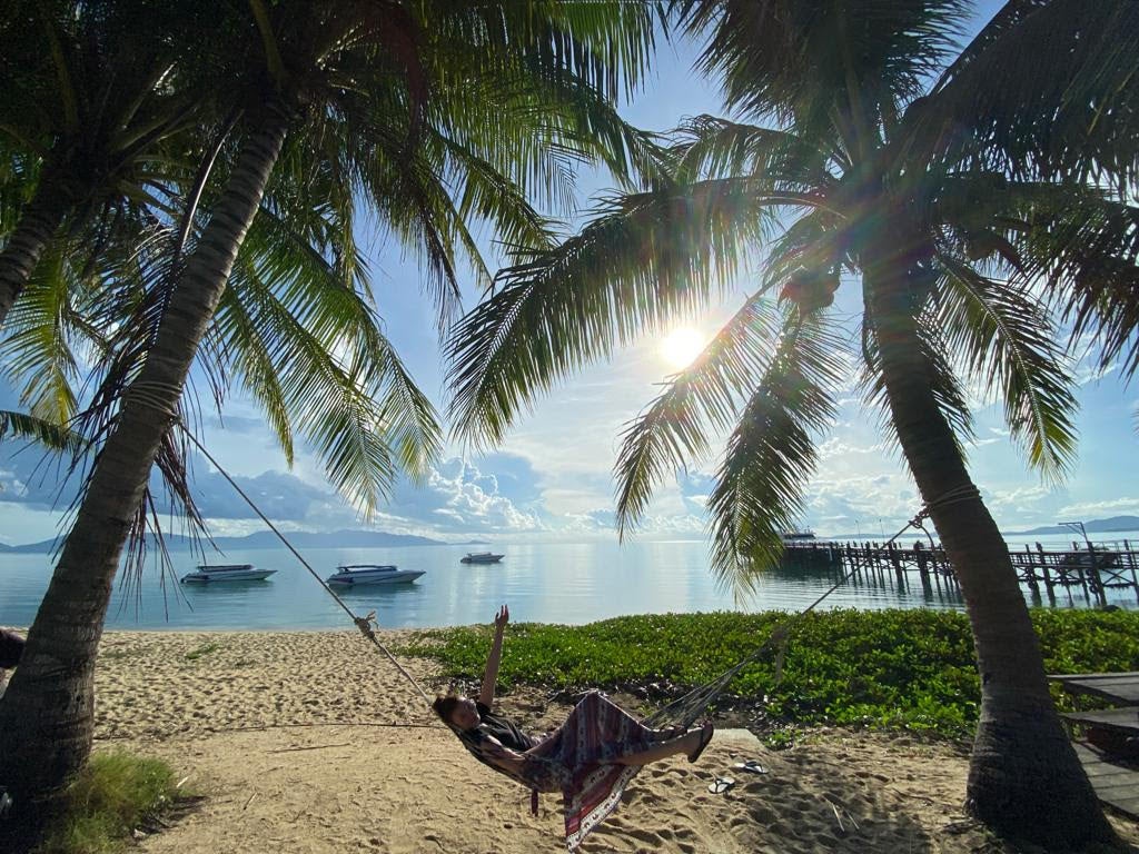 Hardy in a hammock on the beach in Thailand with the water, some boats, and a dock in the background on a sunny day.