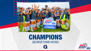 A group of Hoyas celebrate the Big East women&#039;s soccer championship in 2022.