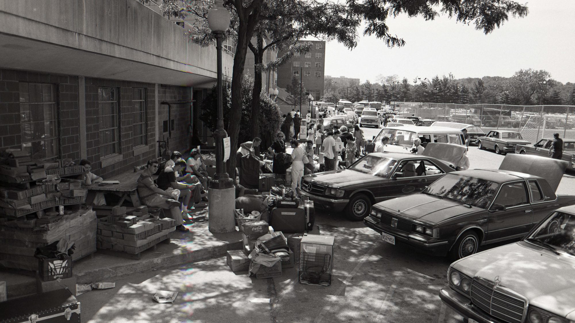 Black and white photo of cars by Harbin Hall with suitcases outside