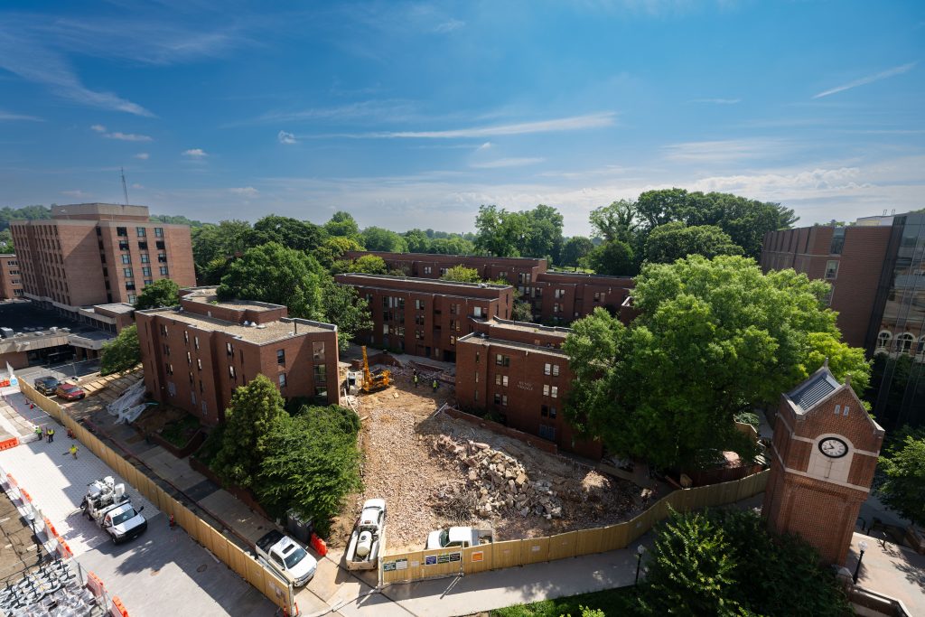 An aerial view of construction on Henle Village, an apartment complex on Georgetown's campus that is being transformed.
