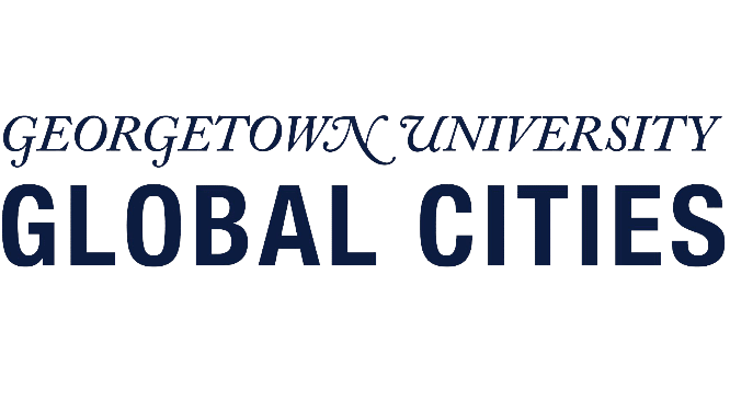 Blue Text Logo on White Background:L "Georgetown University Global Cities."