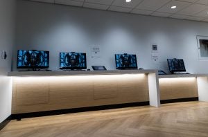 The iPad station inside the new Student Services Center, which helps direct students to the appropriate office. 