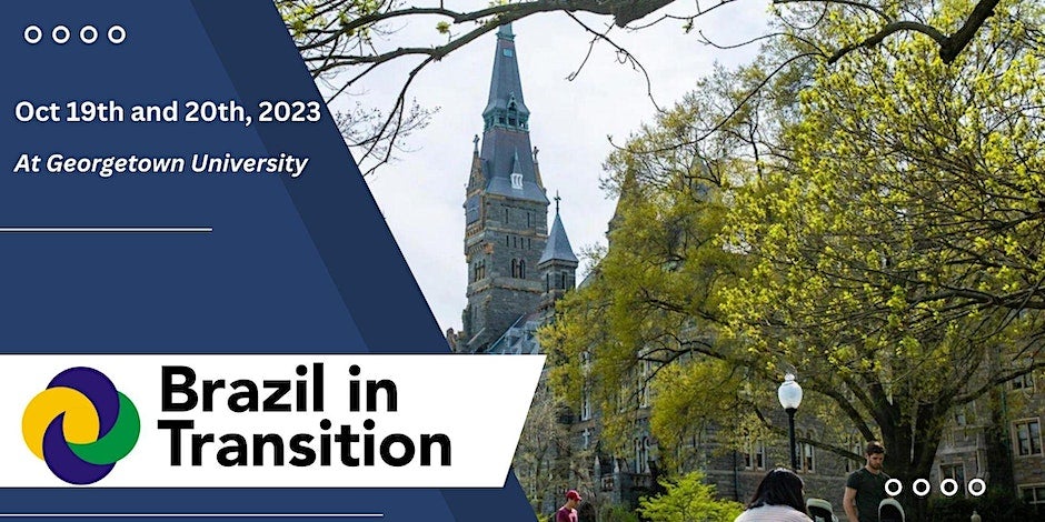 Graphic with text, "Brazil in Transition" and Georgetown landscape.